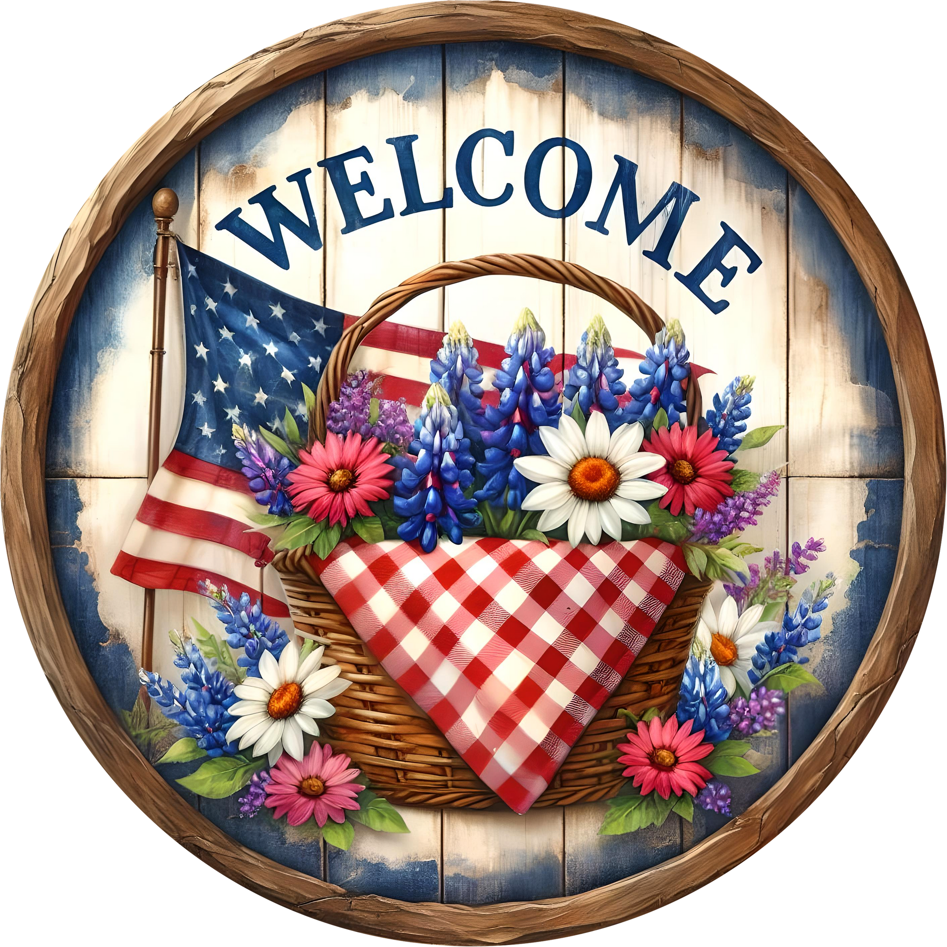 'WELCOME' text, American flag, and floral arrangement.