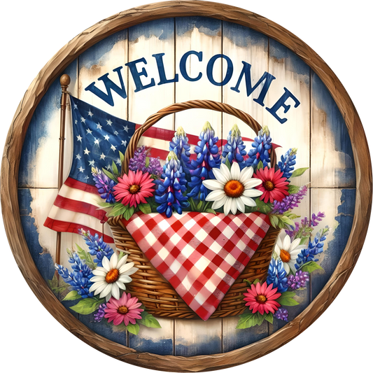 'WELCOME' text, American flag, and floral arrangement.