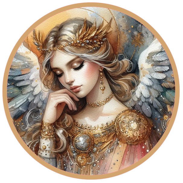 Angel with wings and ornate clothing on a white background
