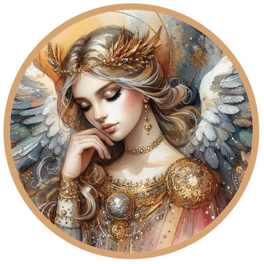 Angel with wings and ornate clothing on a white background