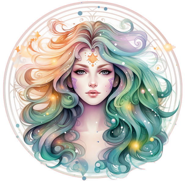 Circular design with a stylized face and colorful hair 