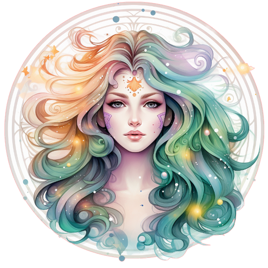 Circular design with a stylized face and colorful hair 