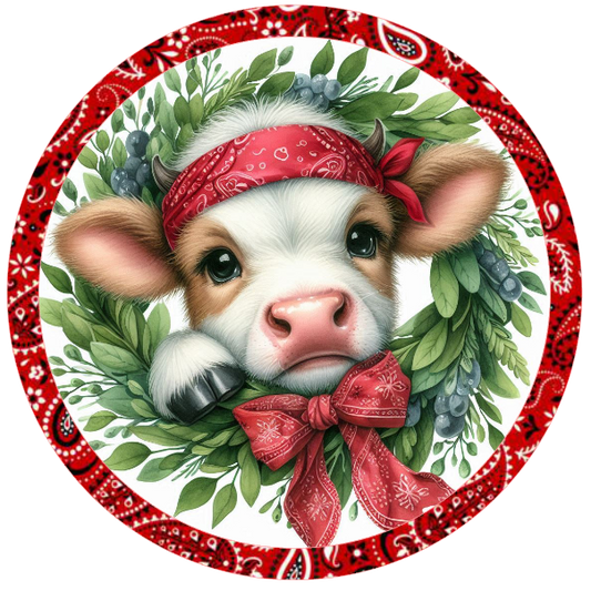 Baby cow wearing a red bandana and bow, surrounded by greenery on a white background.