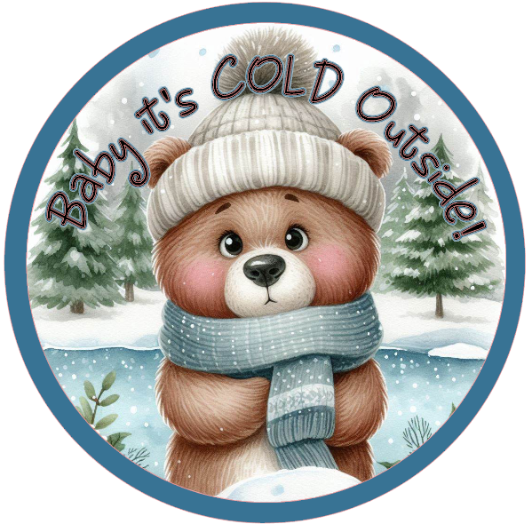 Cartoon bear in winter clothing with 'It's Cold Outside' text on a snowy background