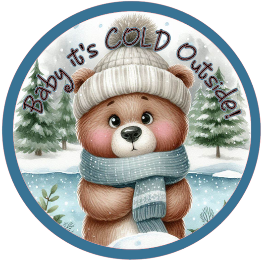 Cartoon bear in winter clothing with 'It's Cold Outside' text on a snowy background