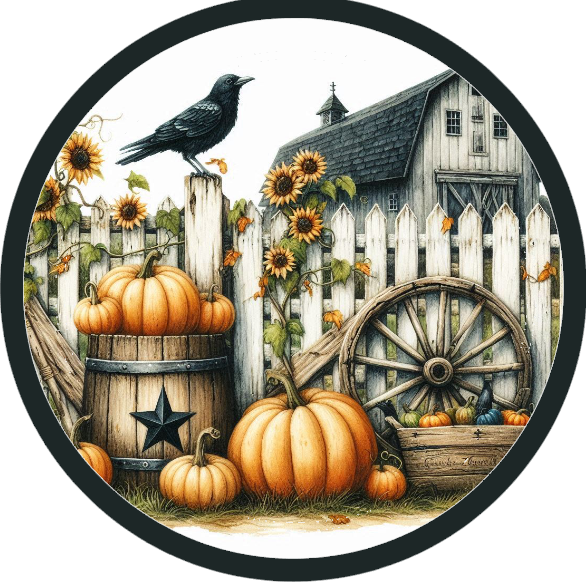 Wheel cover with pumpkins, sunflowers, and a fence design 