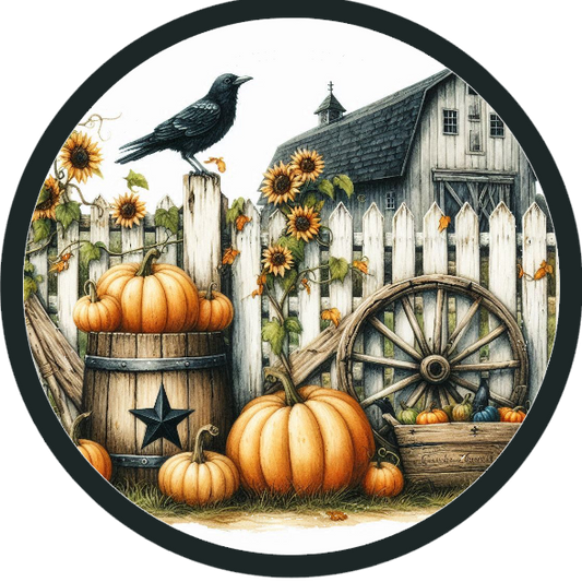 Wheel cover with pumpkins, sunflowers, and a fence design 
