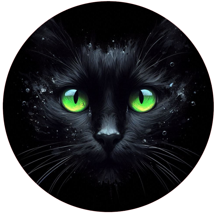 Black cat with glowing green eyes 