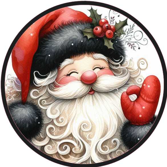 Cartoon Santa Claus with a red hat and white beard on a white background