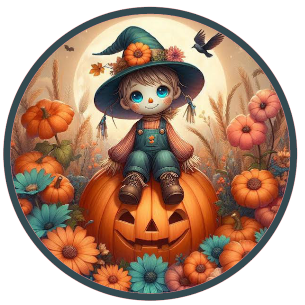 Halloween-themed boy scarecrow in a witch hat sitting on a pumpkin, surrounded by pumpkins and flowers.