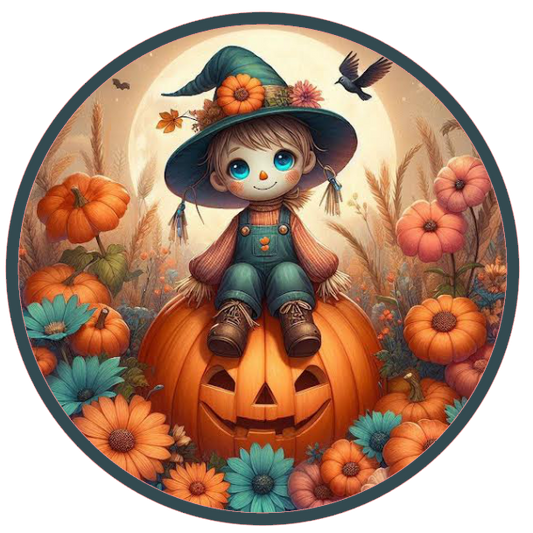 Halloween-themed boy scarecrow in a witch hat sitting on a pumpkin, surrounded by pumpkins and flowers.