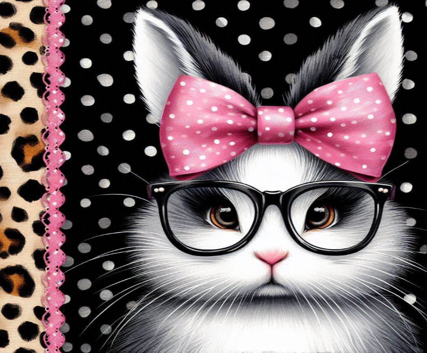 Cartoon bunny with glasses and a pink bow on a polka dot background