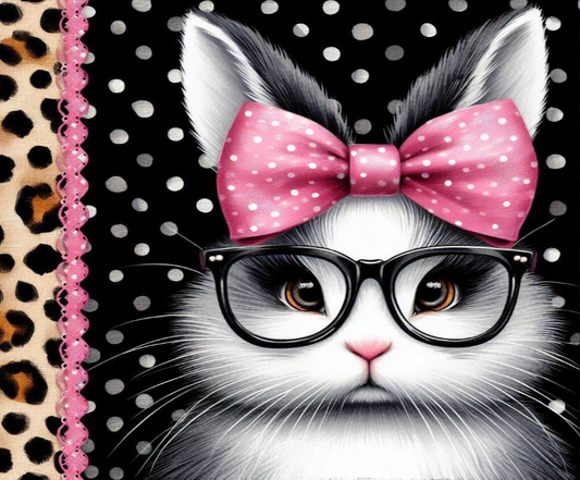 Cartoon bunny with glasses and a pink bow on a polka dot background