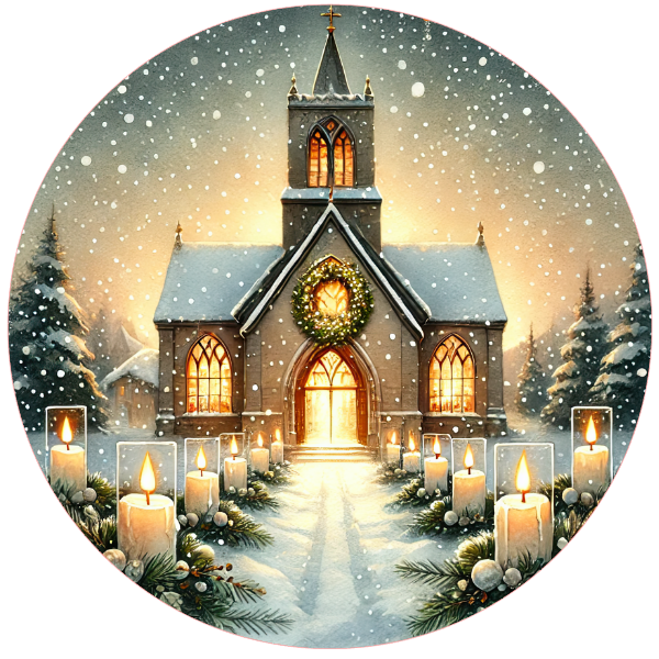 Winter scene with a church, candles, and snow-covered trees on a white background