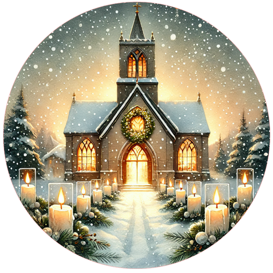 Winter scene with a church, candles, and snow-covered trees on a white background
