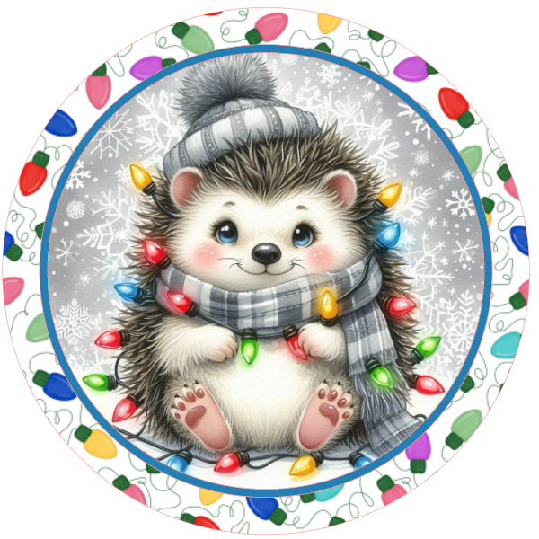 Illustration of a hedgehog wearing a scarf with Christmas lights on a white background