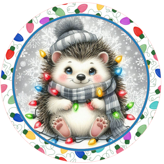 Illustration of a hedgehog wearing a scarf with Christmas lights on a white background