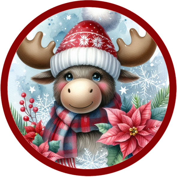 Illustration of a moose wearing a Christmas hat and scarf with poinsettias on a white background.