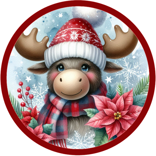 Illustration of a moose wearing a Christmas hat and scarf with poinsettias on a white background.