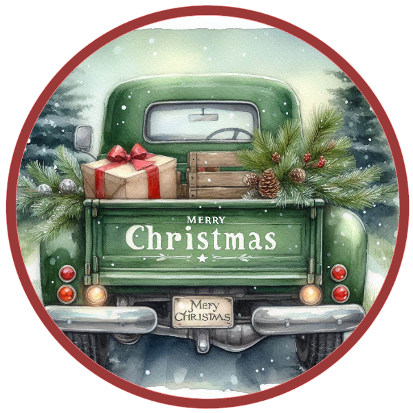 Vintage Christmas truck with presents in a circular frame on a white background
