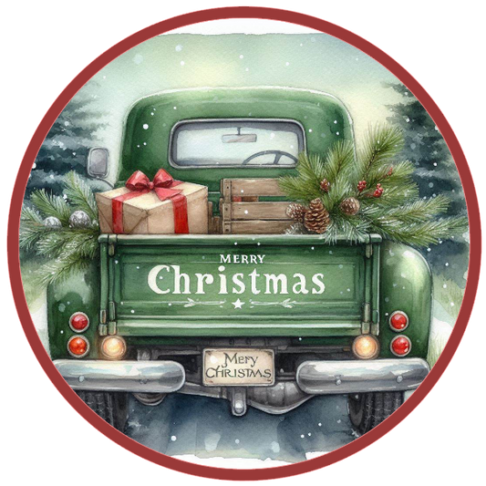 Vintage Christmas truck with presents in a circular frame on a white background