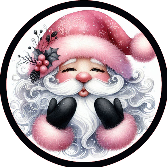 Cartoon santa with a pink hat and black shoes on a white background