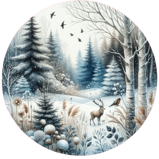 Winter forest scene featuring deer, trees, and birds on a white background.