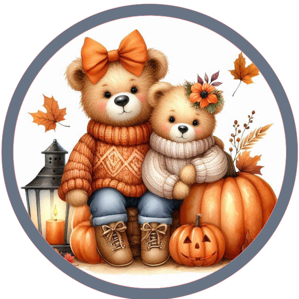 Two teddy bears with autumn-themed decorations 