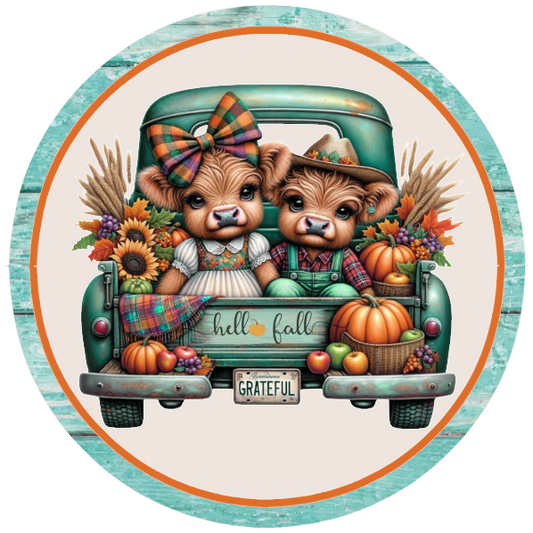 Two highland cows  in a truck with fall decorations 