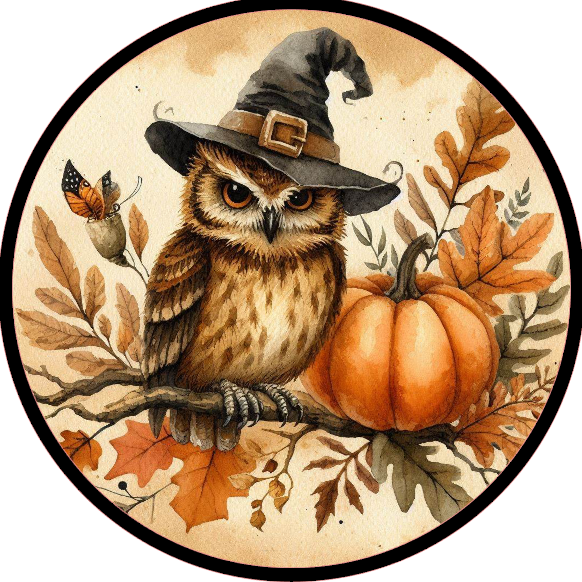 Owl wearing a witch hat, pumpkin, and leaves on a beige background