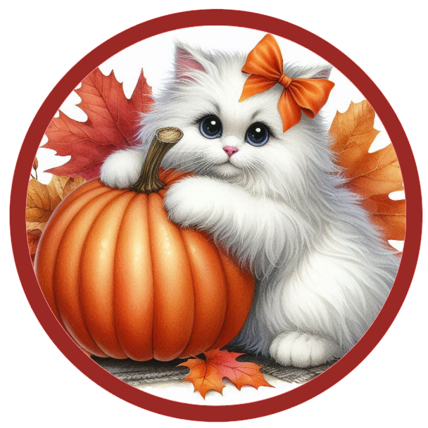 White cat with an orange bow holding a pumpkin, surrounded by autumn leaves