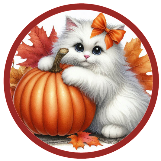 White cat with an orange bow holding a pumpkin, surrounded by autumn leaves