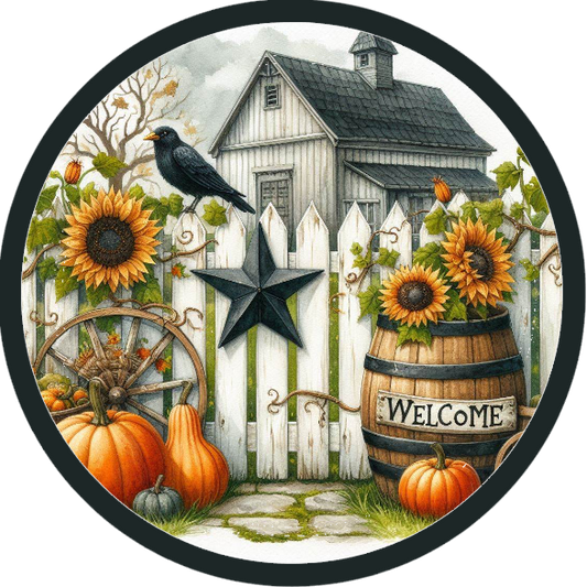 Country scene featuring a house, sunflowers, pumpkins, and a barrel.