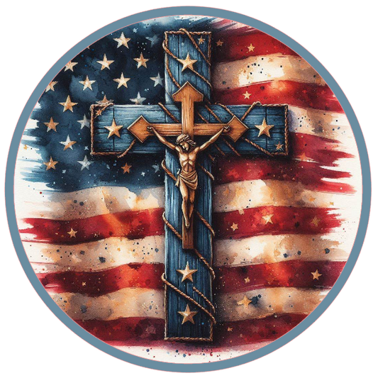 American flag and crucifixion scene 