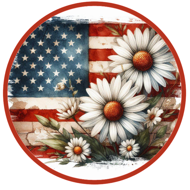 American flag and white daisies