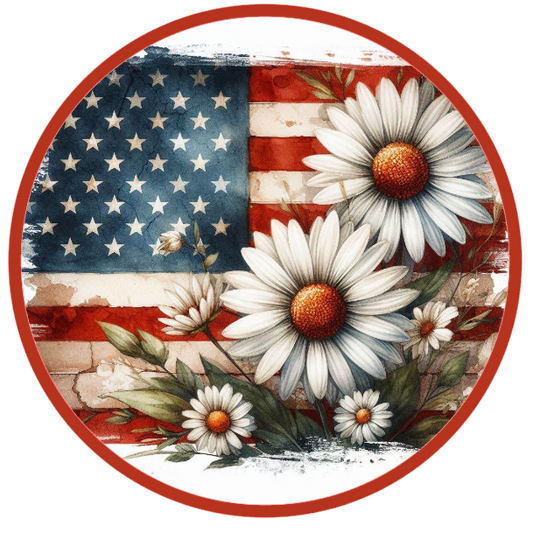 American flag and white daisies