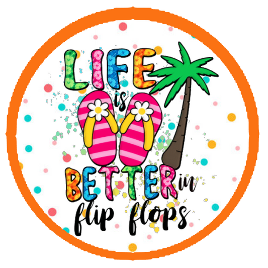 Flip flops, palm tree, and text 'Life is better in flip flops' 