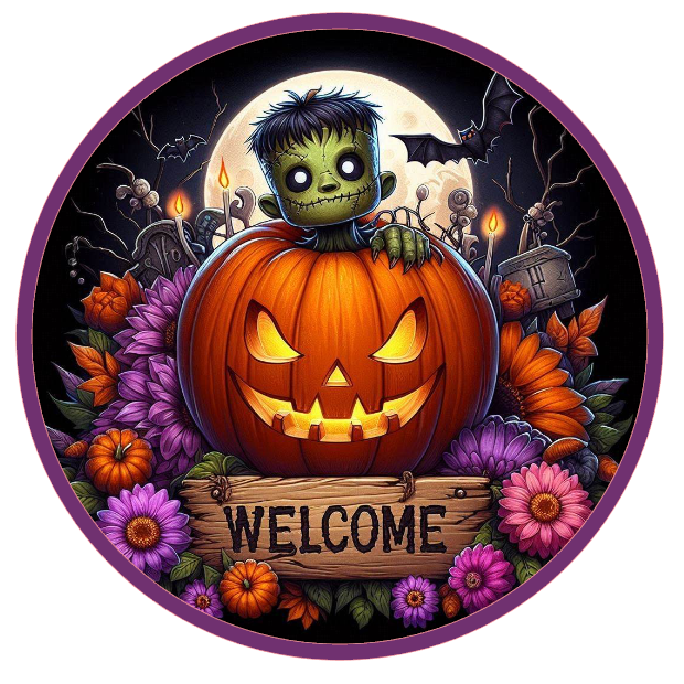 Halloween pumpkin, ghost, and flowers with a welcome sign