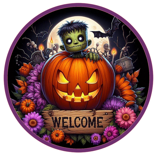Halloween pumpkin, ghost, and flowers with a welcome sign