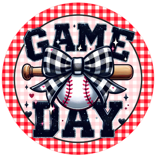 'Game Day' design with checkered border, baseball, and bow tie