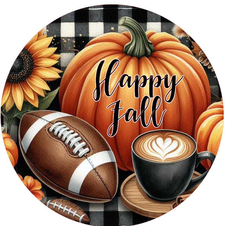 Autumn-themed design featuring a pumpkin, football, and coffee cup 