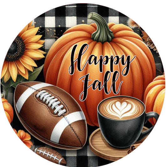 Autumn-themed design featuring a pumpkin, football, and coffee cup 