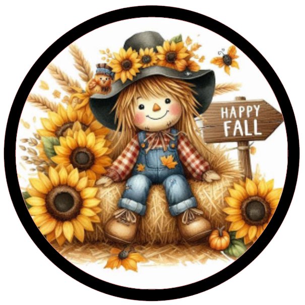 Scarecrow, sunflowers, and 'Happy Fall' sign 