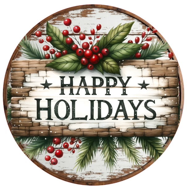 'Happy Holidays' text surrounded by Christmas elements on a white background