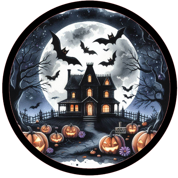 Halloween-themed design with a haunted house, pumpkins, and bats