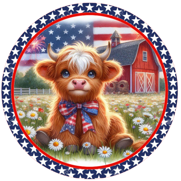 Highland cow with a bow tie in front of a barn and American flag