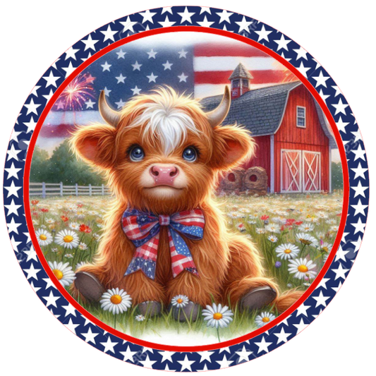Highland cow with a bow tie in front of a barn and American flag