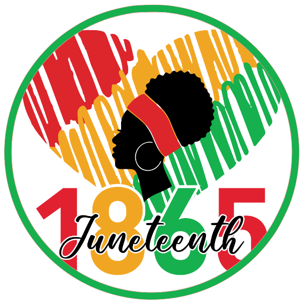 Silhouette of a woman wearing a headscarf, the number 1865, and the word 'Juneteenth' inside a circular design with red, yellow, and green colors