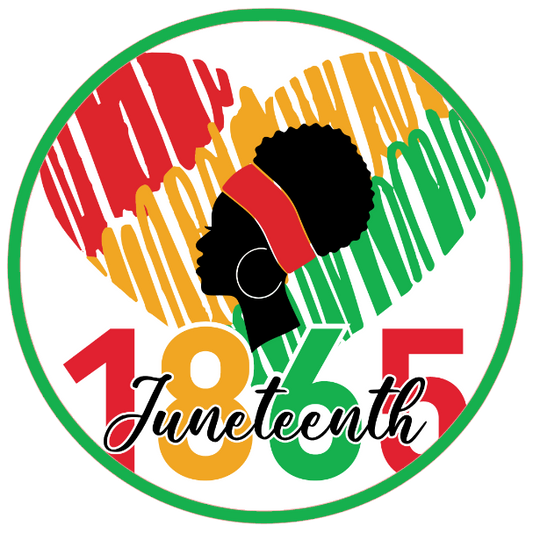 Silhouette of a woman wearing a headscarf, the number 1865, and the word 'Juneteenth' inside a circular design with red, yellow, and green colors