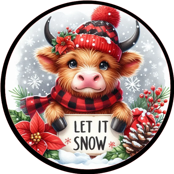 Christmas-themed design with a cow wearing a hat and scarf, surrounded by snowflakes and poinsettias, with 'Let it Snow' text.